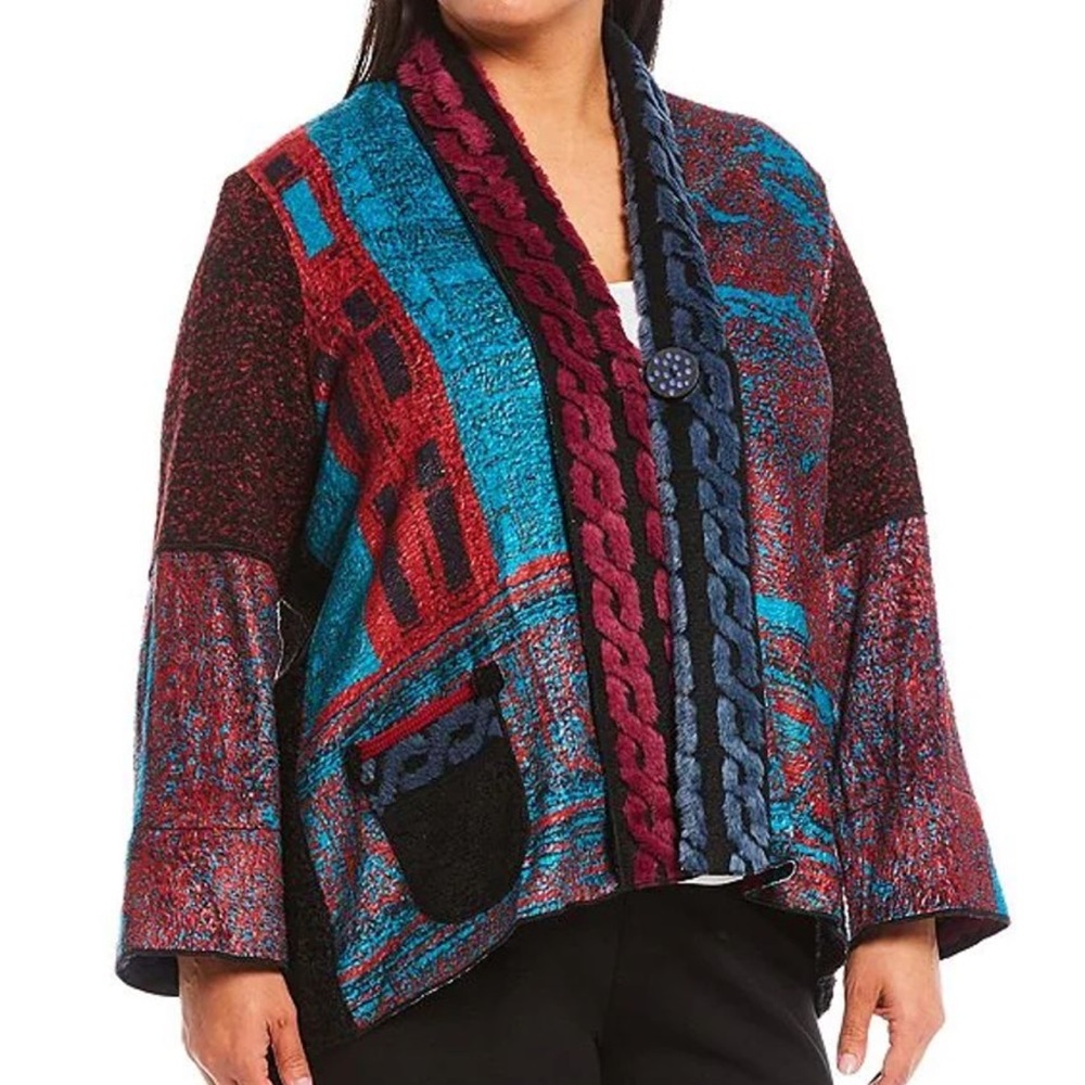 Ali Miles Patchwork Mixed Media Shacket Sweater Jacket Sherpa‎ Size XL Petite